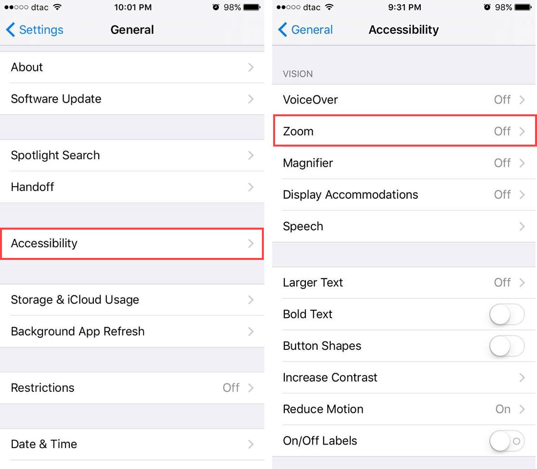 วิธีการตั้งค่าเปิดโหมด Low Light ด้วยปุ่ม Home ใน iPhone iOS 10