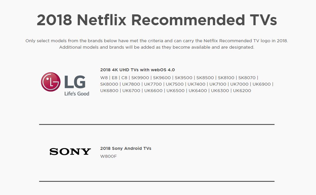 2018 Netflix Recommended Tvs