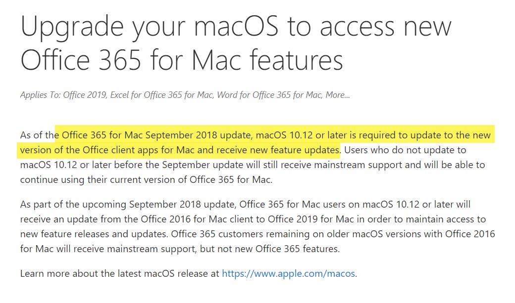 Office 365 For Mac Require Macos High Sierra Or Higher 1