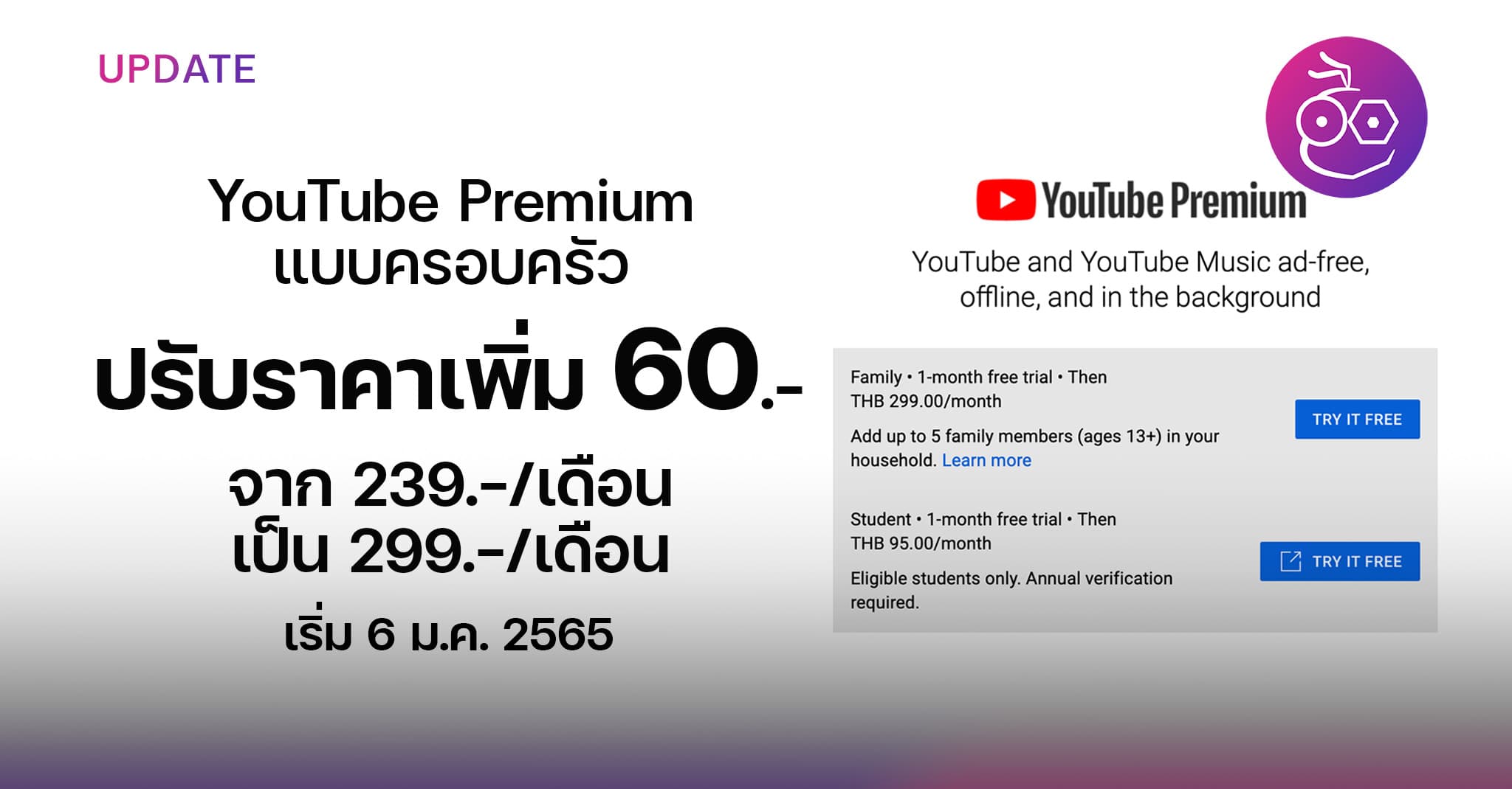 Youtube Premium แผนครอบครัว (Family) ปรับราคาแพงขึ้น 60 บาท จาก 239 เป็น  299 บาท/เดือน