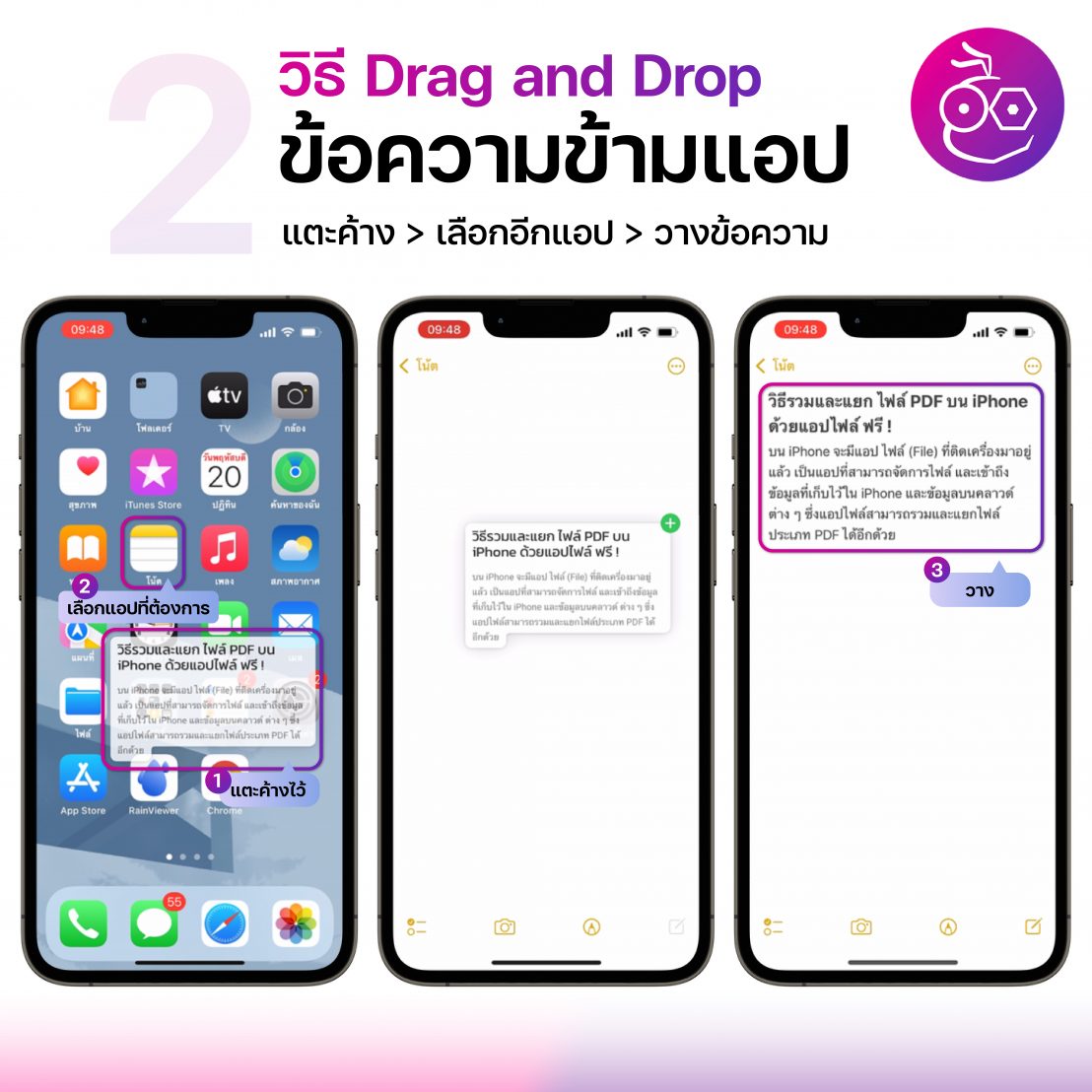 วิธี Drag and Drop (ลากและวาง) ข้อความและรูปภาพข้ามแอปบน iPhone