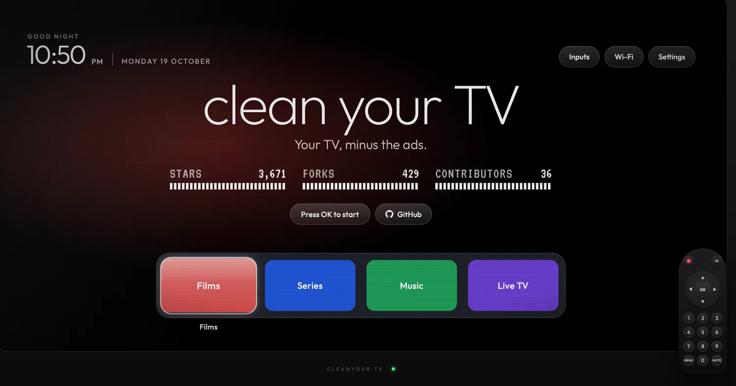 หน้าแรกของเว็บไซต์ cleanyour.tv แสดงฟังก์ชันและดีไซน์เรียบง่าย