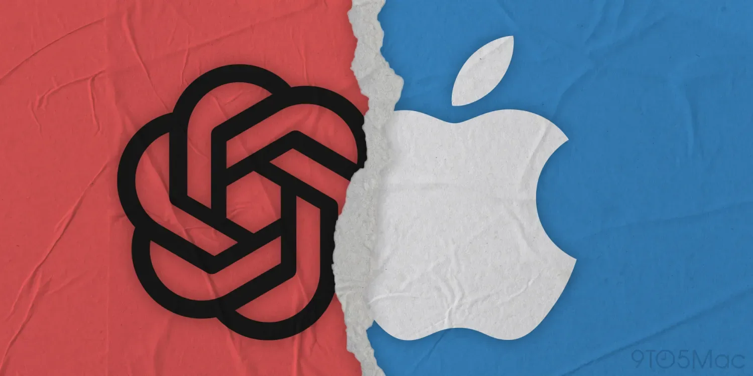 โลโก้ OpenAI และ Apple บนกระดาษฉีก
